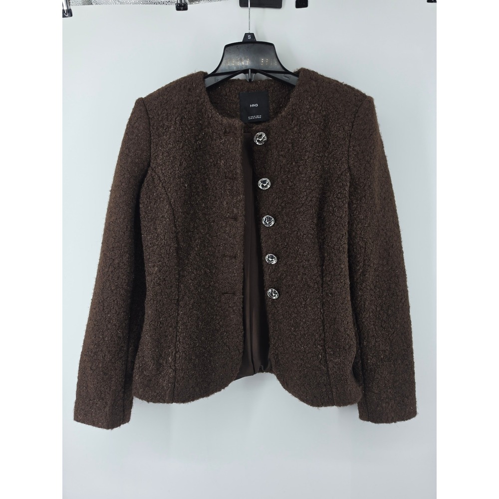 MNG Mango Womens Brown Boucle Knit Button Front Collarless Jacket Size Medium